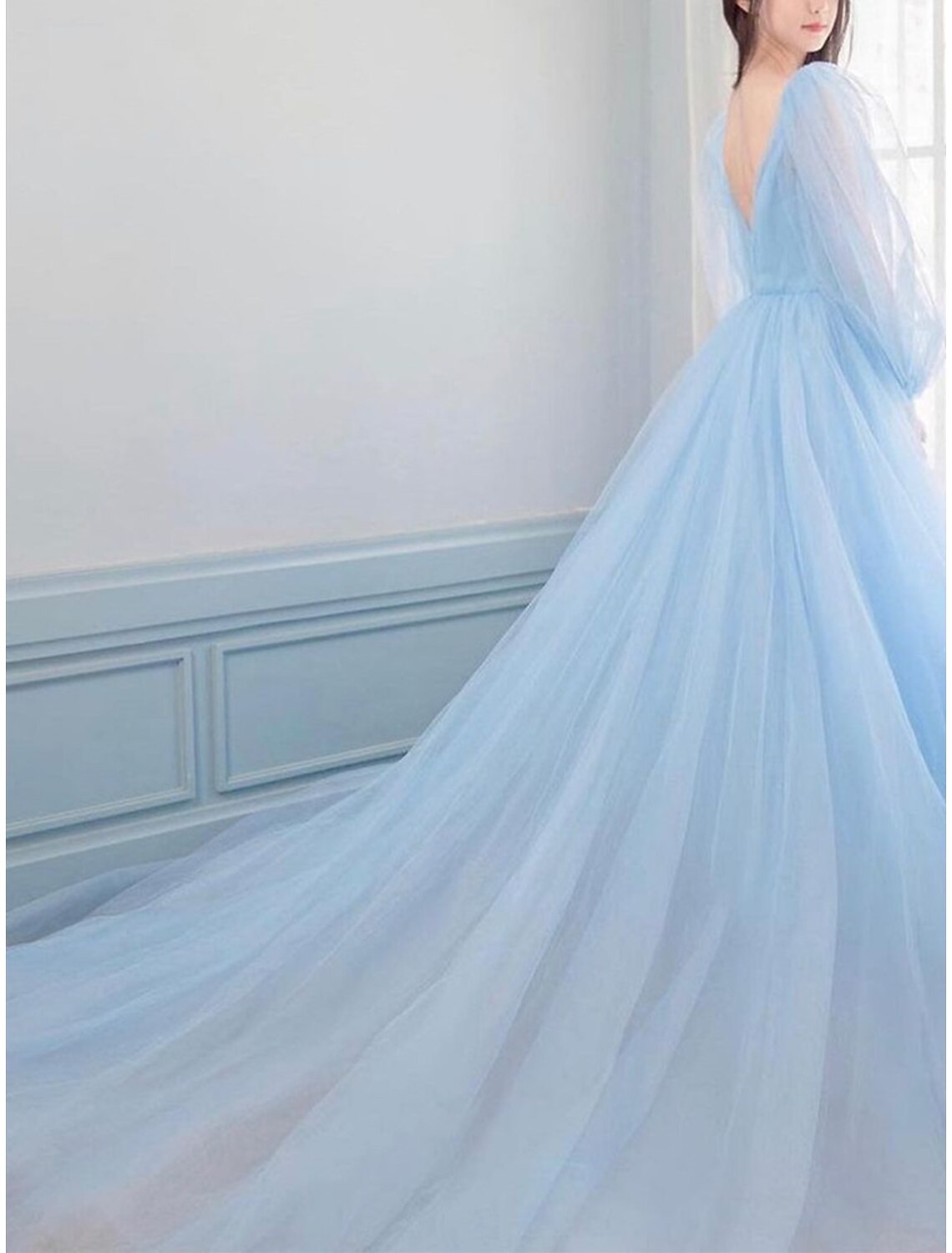 A-Line Prom Dresses Elegant Dress Engagement Prom Watteau Train Long Sleeve V Neck Tulle V Back with Sleek Pure Color